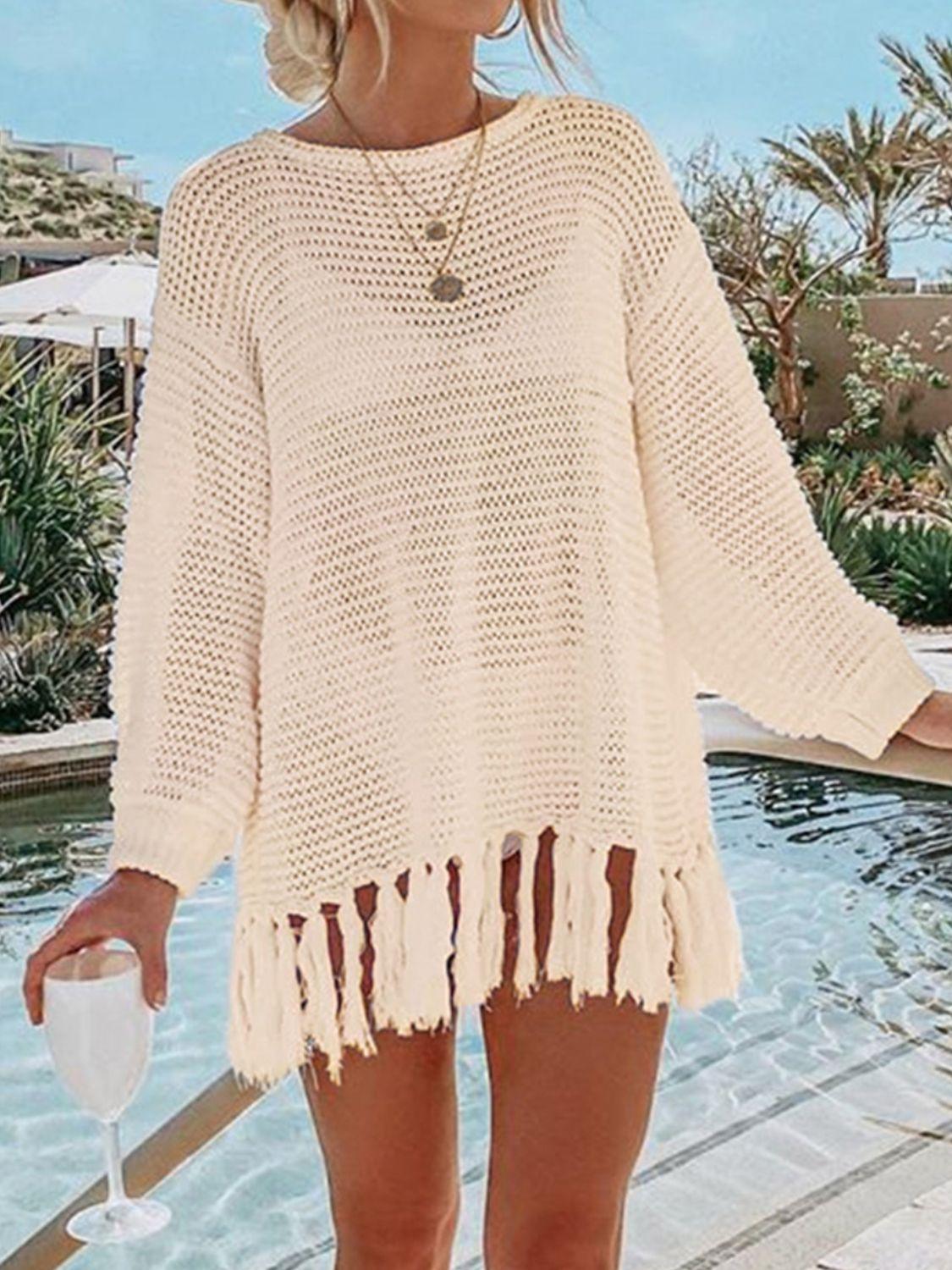 Angel Wings Openwork Tassel Hem Long Sleeve Knit Cover Up - Clothes For Her Online Store