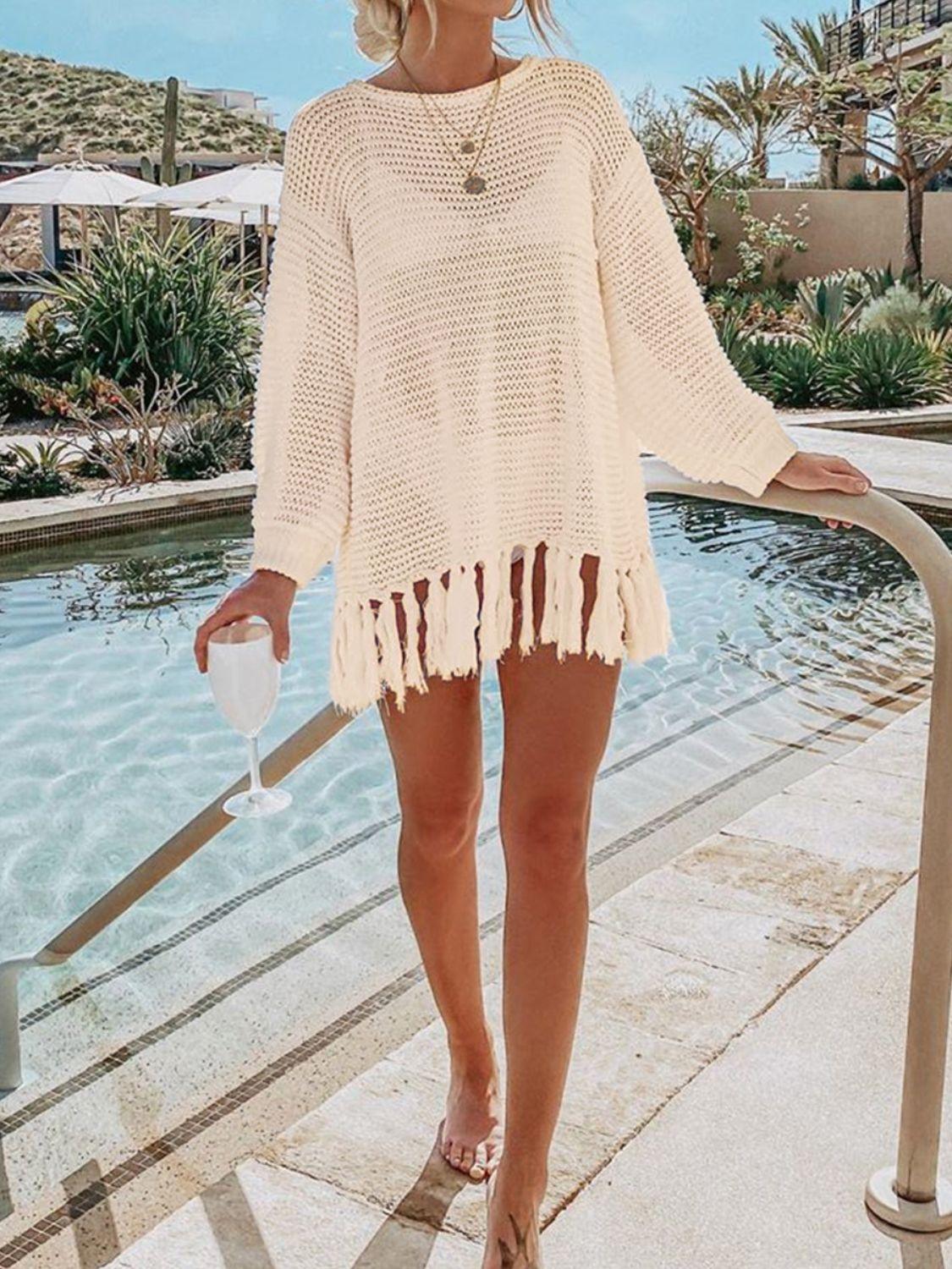 Angel Wings Openwork Tassel Hem Long Sleeve Knit Cover Up - Clothes For Her Online Store
