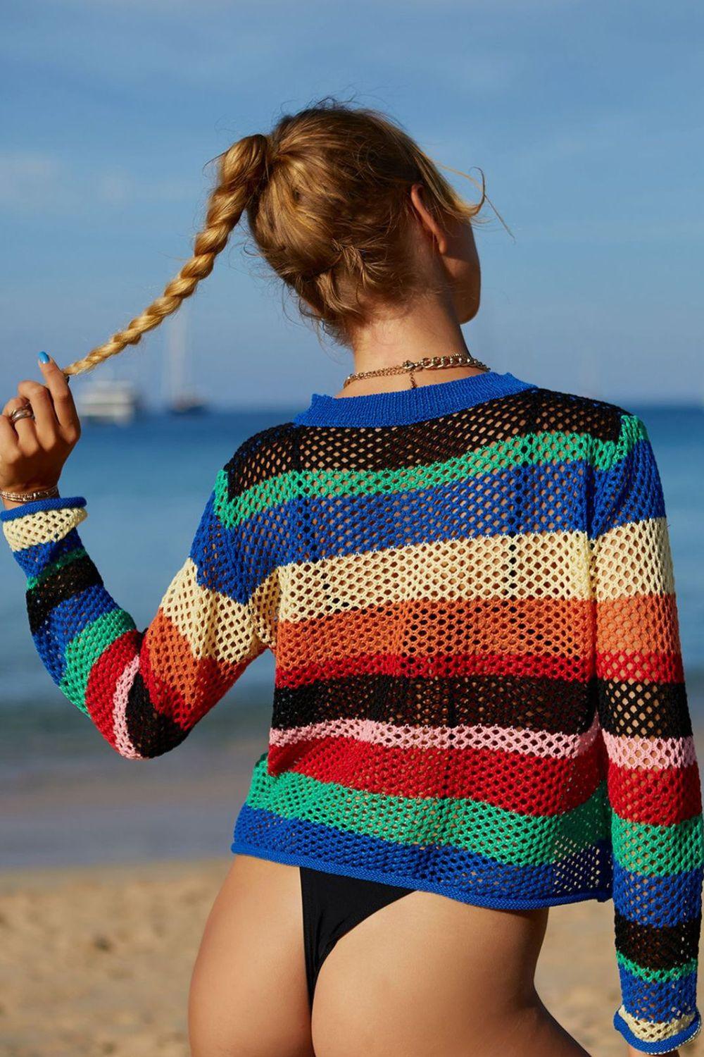 Angel Wings Rainbow Stripe Openwork Long Sleeve Cover-Up - Clothes For Her Online Store