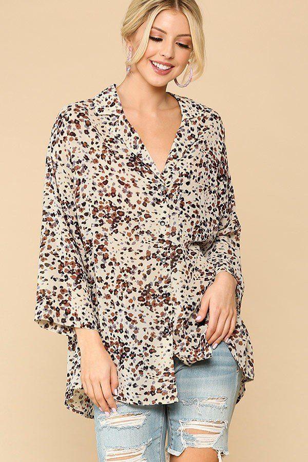 Animal Print Button Down Lapel Collar Shirt With Chest Pocket - Clothes For Her Online Store