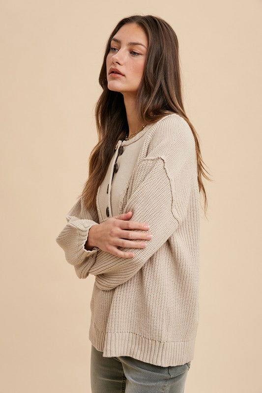 Annie Wear Half Button Ribbed Hem Sweater - Clothes For Her Online Store