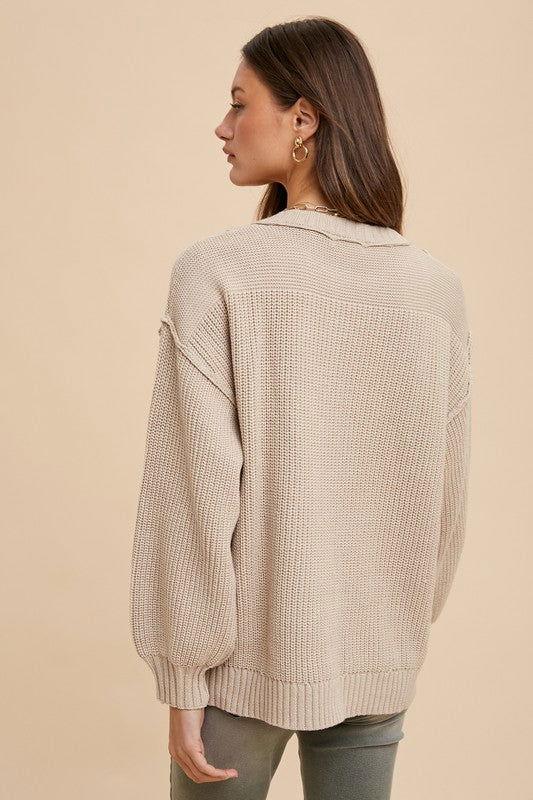 Annie Wear Half Button Ribbed Hem Sweater - Clothes For Her Online Store