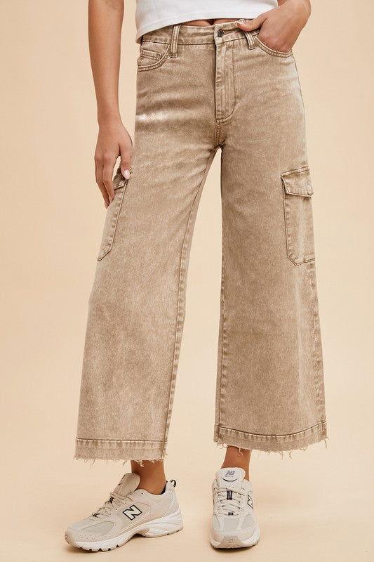 Annie Wear Raw Hem Wide Leg Jeans with Cargo Pockets - Clothes For Her Online Store