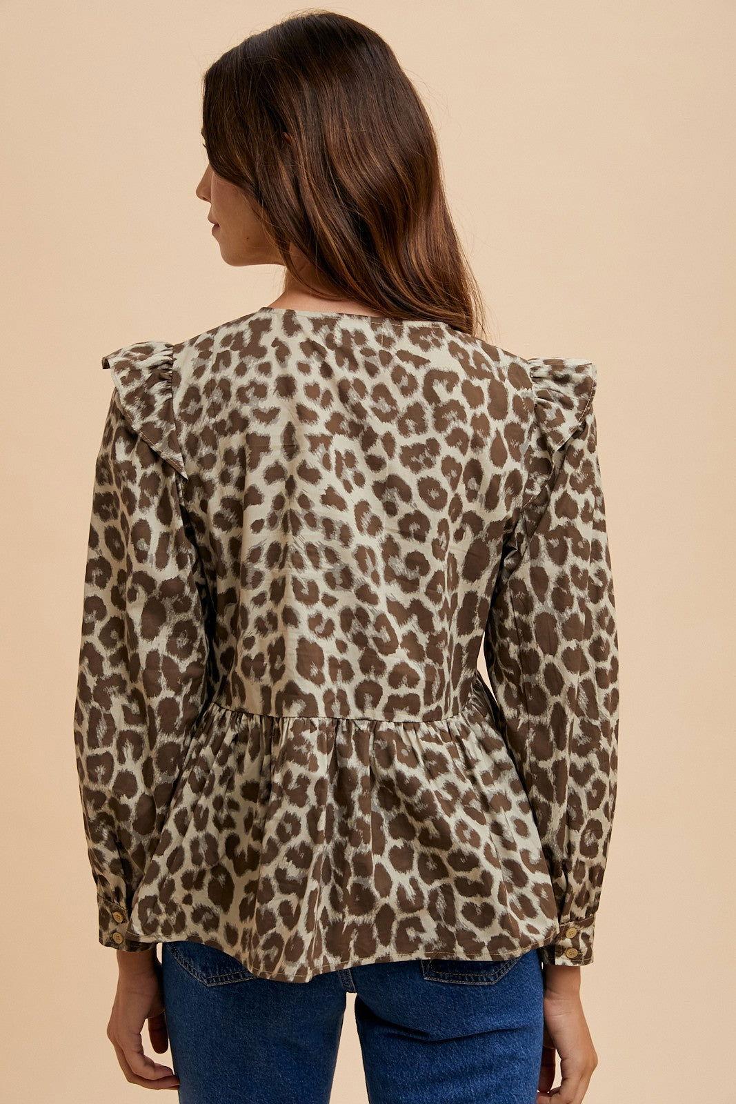 Annie Wear Tied Leopard Round Neck Peplum Blouse - Clothes For Her Online Store