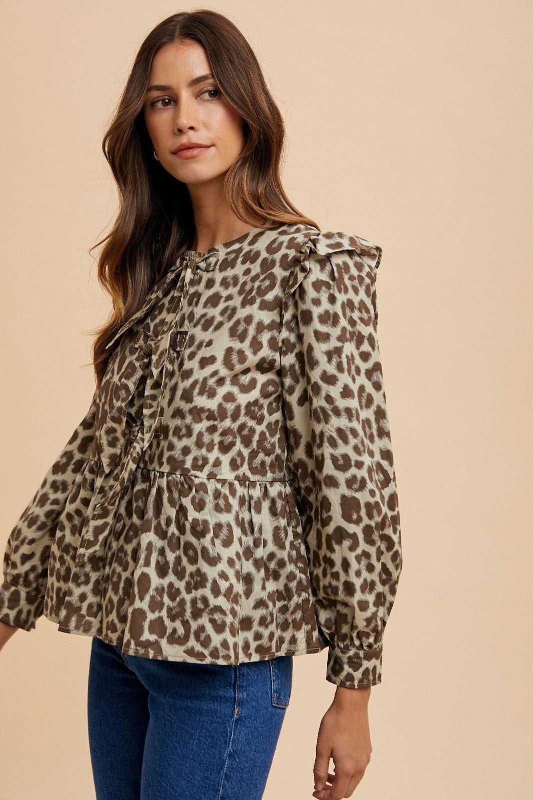 Annie Wear Tied Leopard Round Neck Peplum Blouse - Clothes For Her Online Store