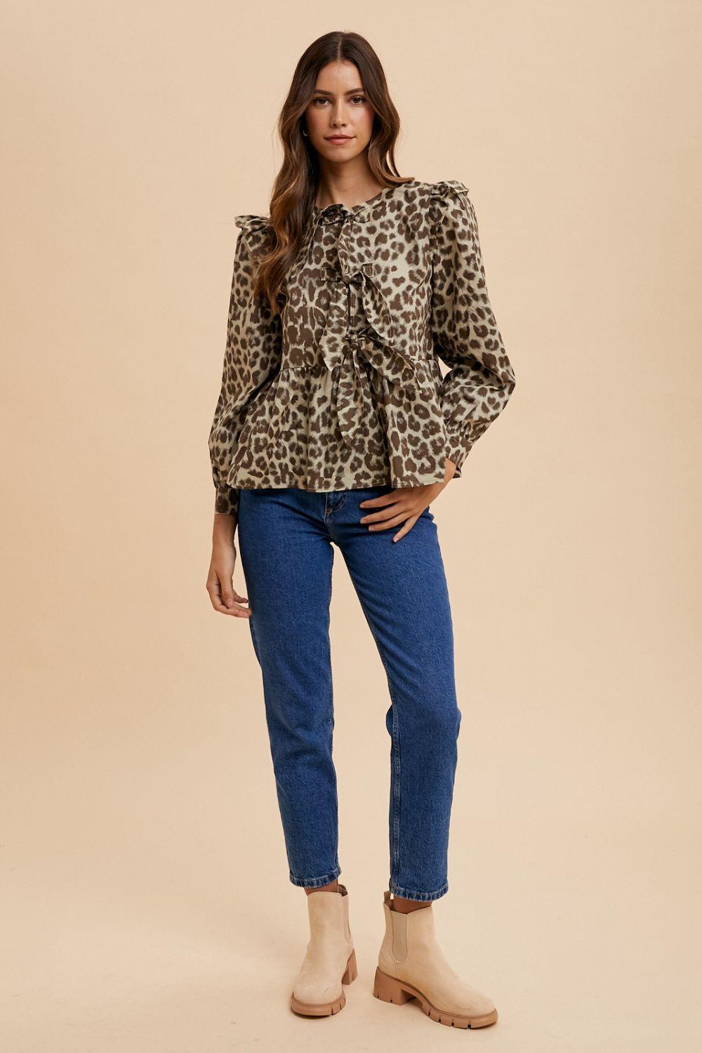 Annie Wear Tied Leopard Round Neck Peplum Blouse - Clothes For Her Online Store