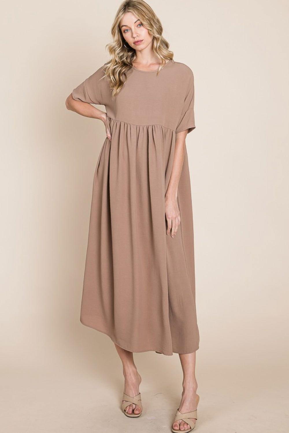 BOMBOM Round Neck Ruched Midi Dress - Clothes For Her Online Store