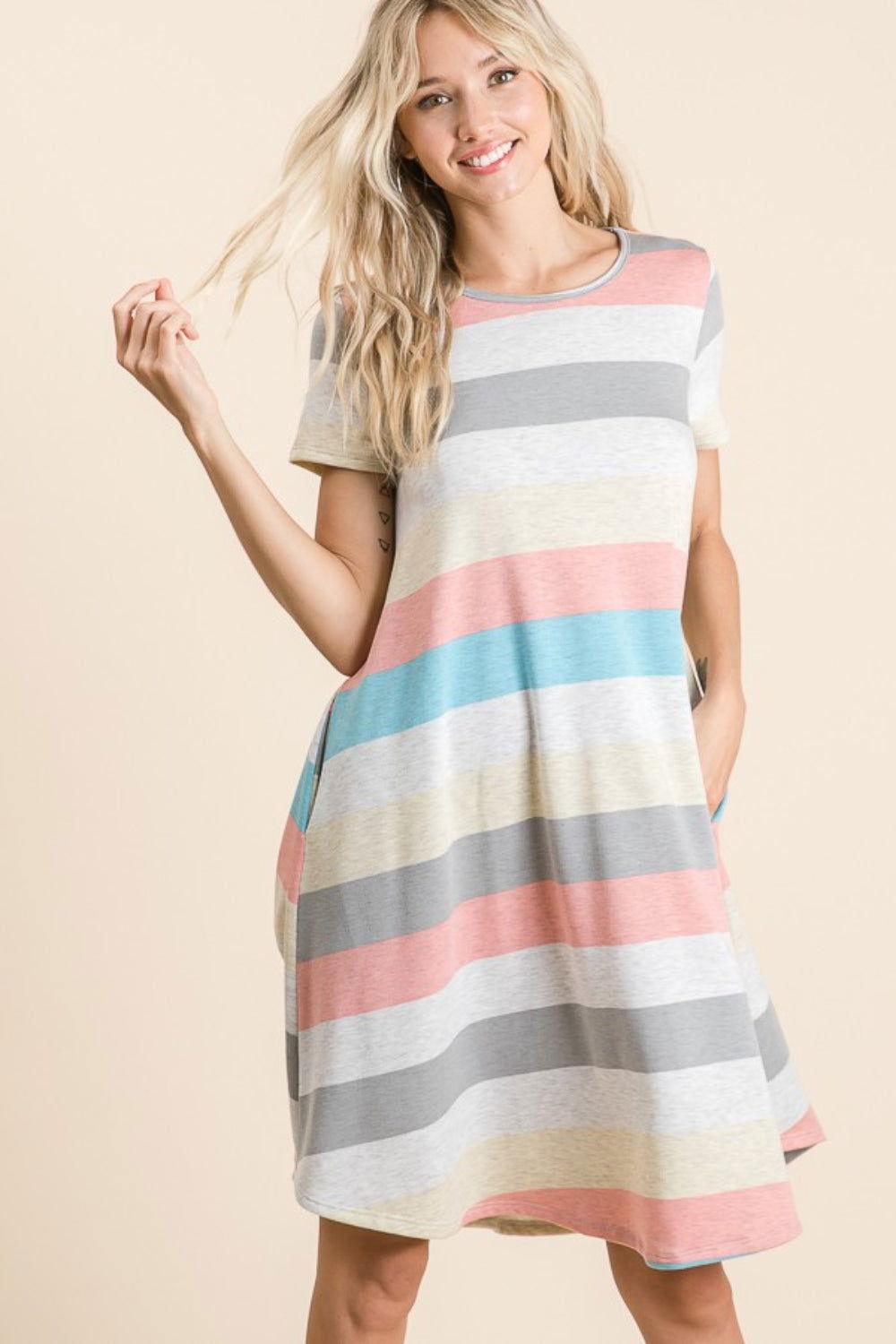 BOMBOM Striped Short Sleeve Dress with Pockets - Clothes For Her Online Store