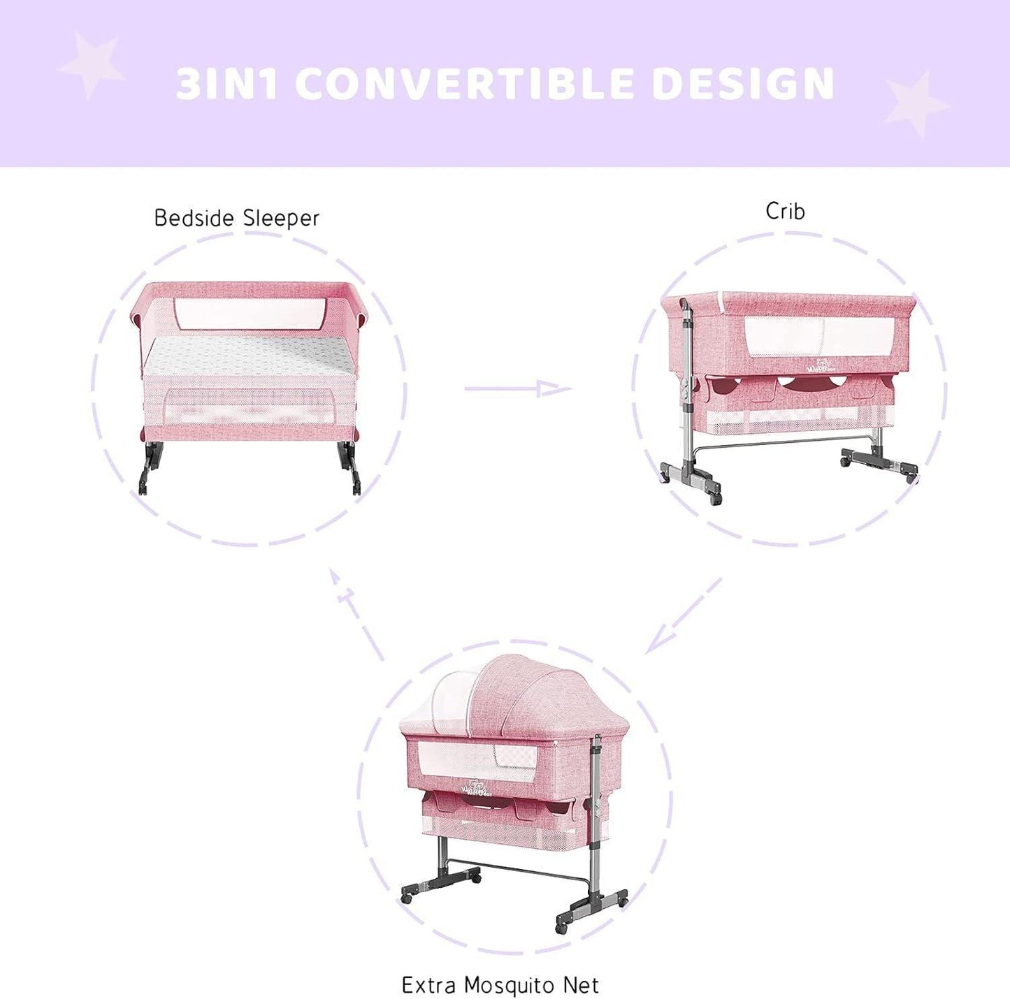 Baby Bassinet Bedside Sleeper 3 in 1 Bedside Crib, Adjustable Portable Bed for Infant/Baby/Newborn,with Mosquito Nets, Large Storage Bag, Comfortable Mattresses, Lockable Wheels - Clothes For Her Online Store