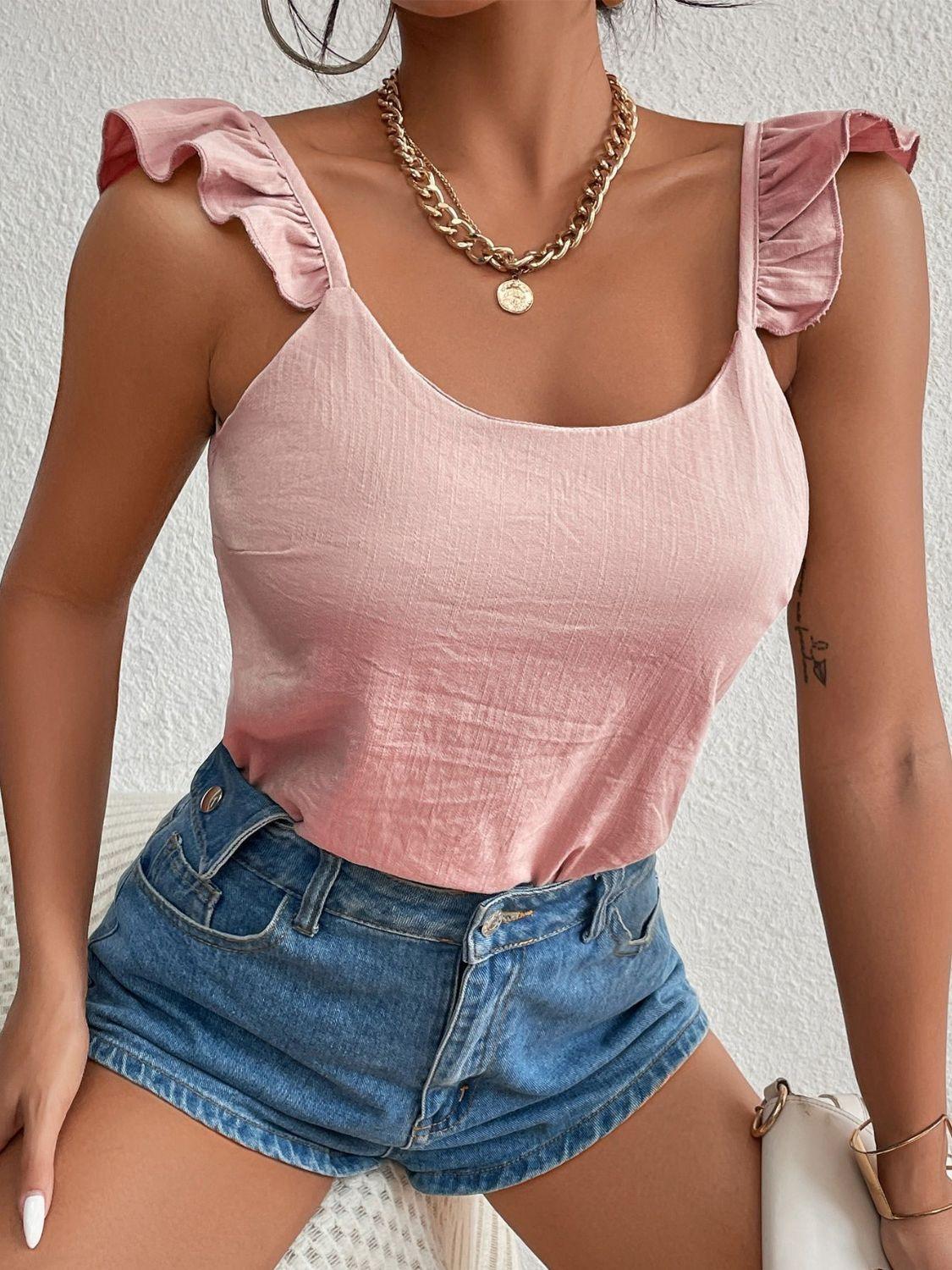 Backless Ruffled Scoop Neck Tank - Clothes For Her Online Store