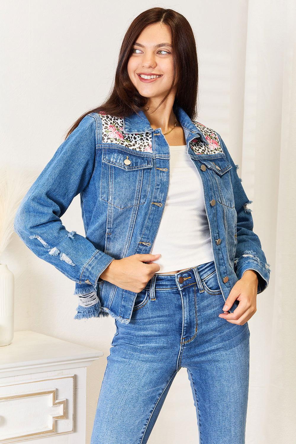 Baeful Leopard Floral Distressed Raw Hem Denim Jacket - Clothes For Her Online Store