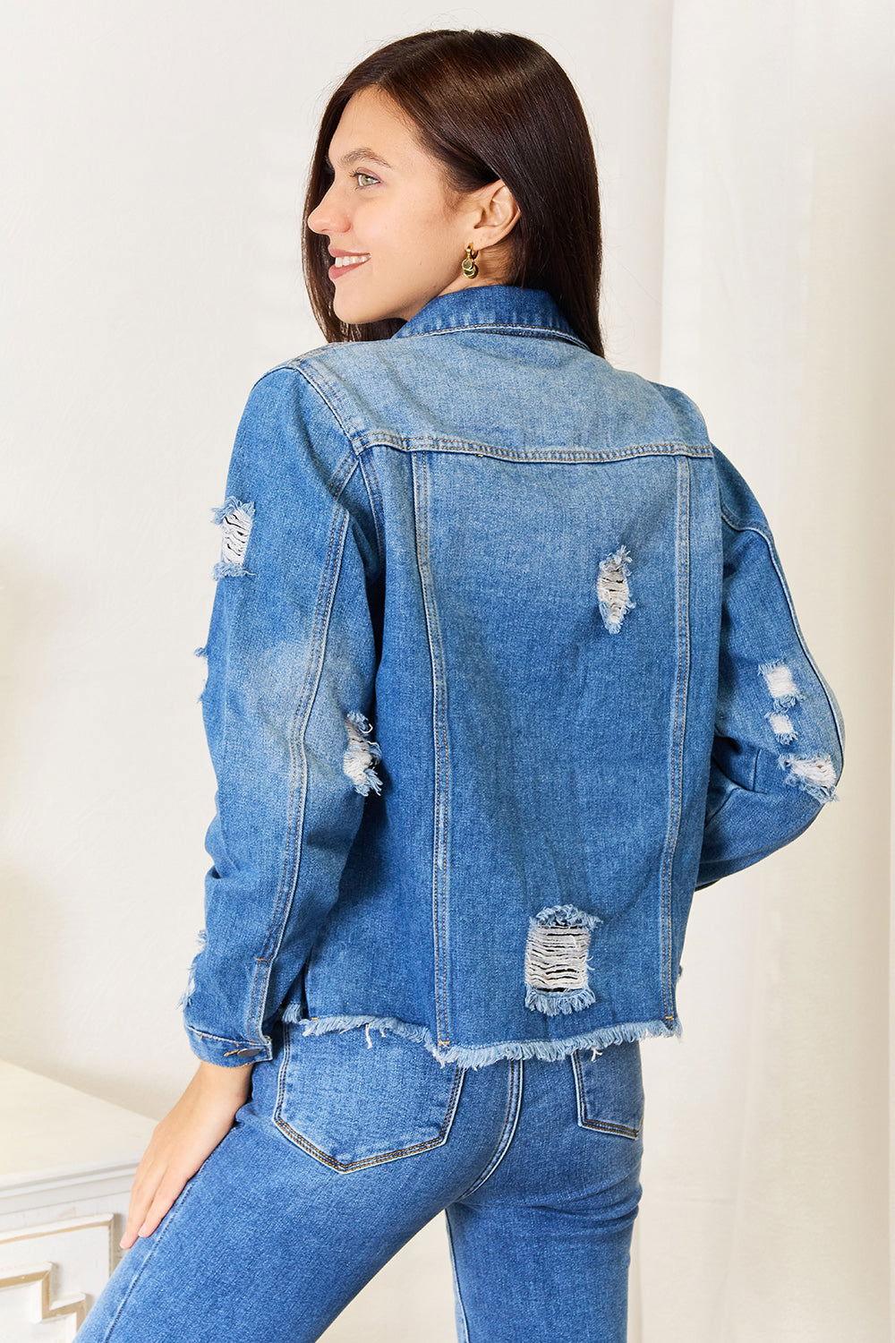 Baeful Leopard Floral Distressed Raw Hem Denim Jacket - Clothes For Her Online Store
