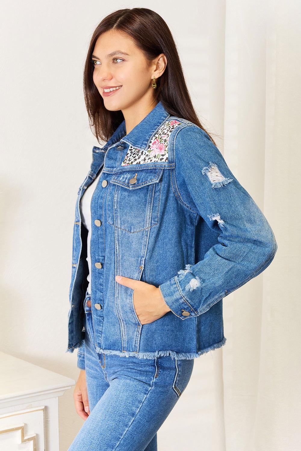 Baeful Leopard Floral Distressed Raw Hem Denim Jacket - Clothes For Her Online Store