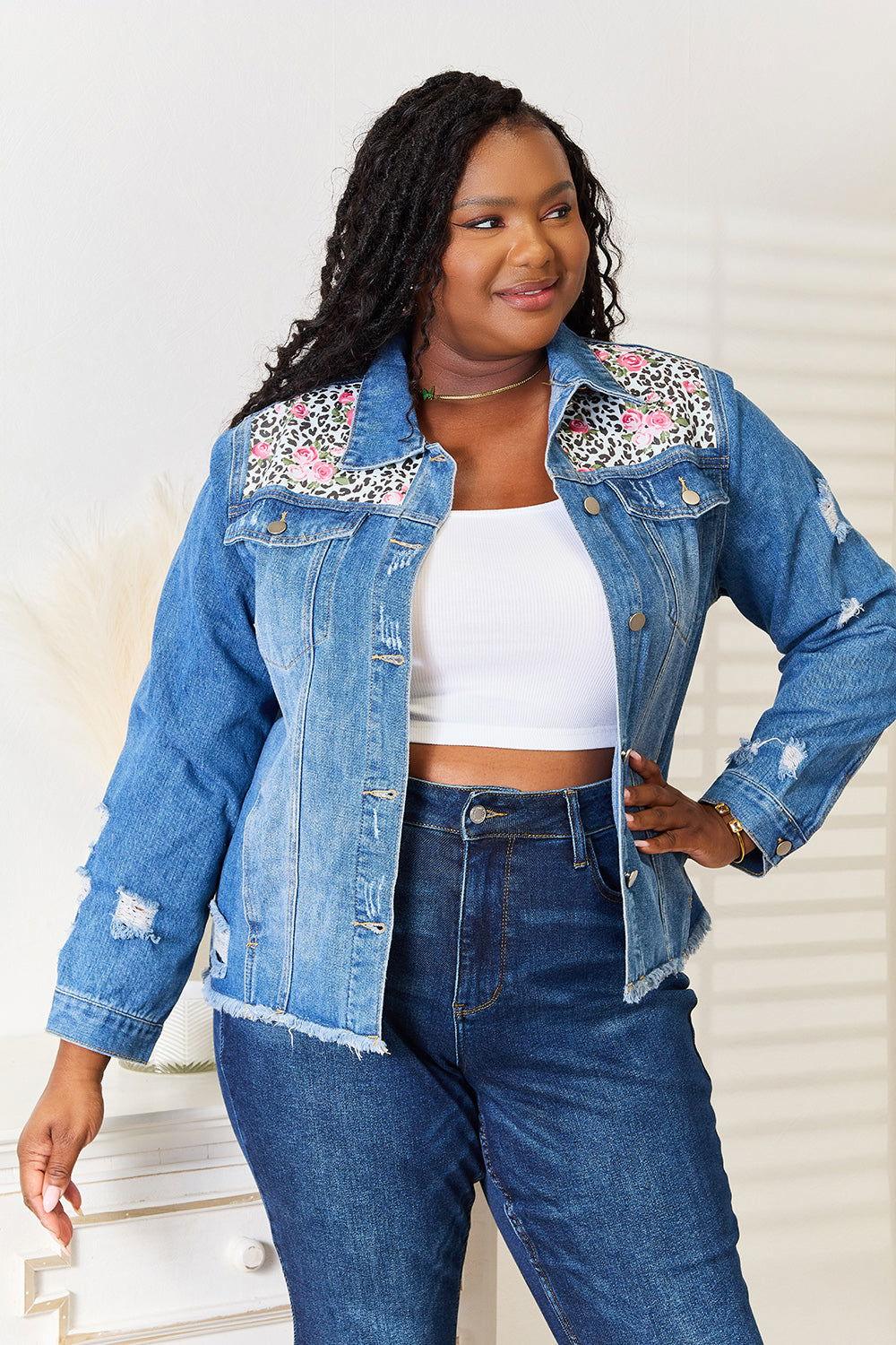 Baeful Leopard Floral Distressed Raw Hem Denim Jacket - Clothes For Her Online Store