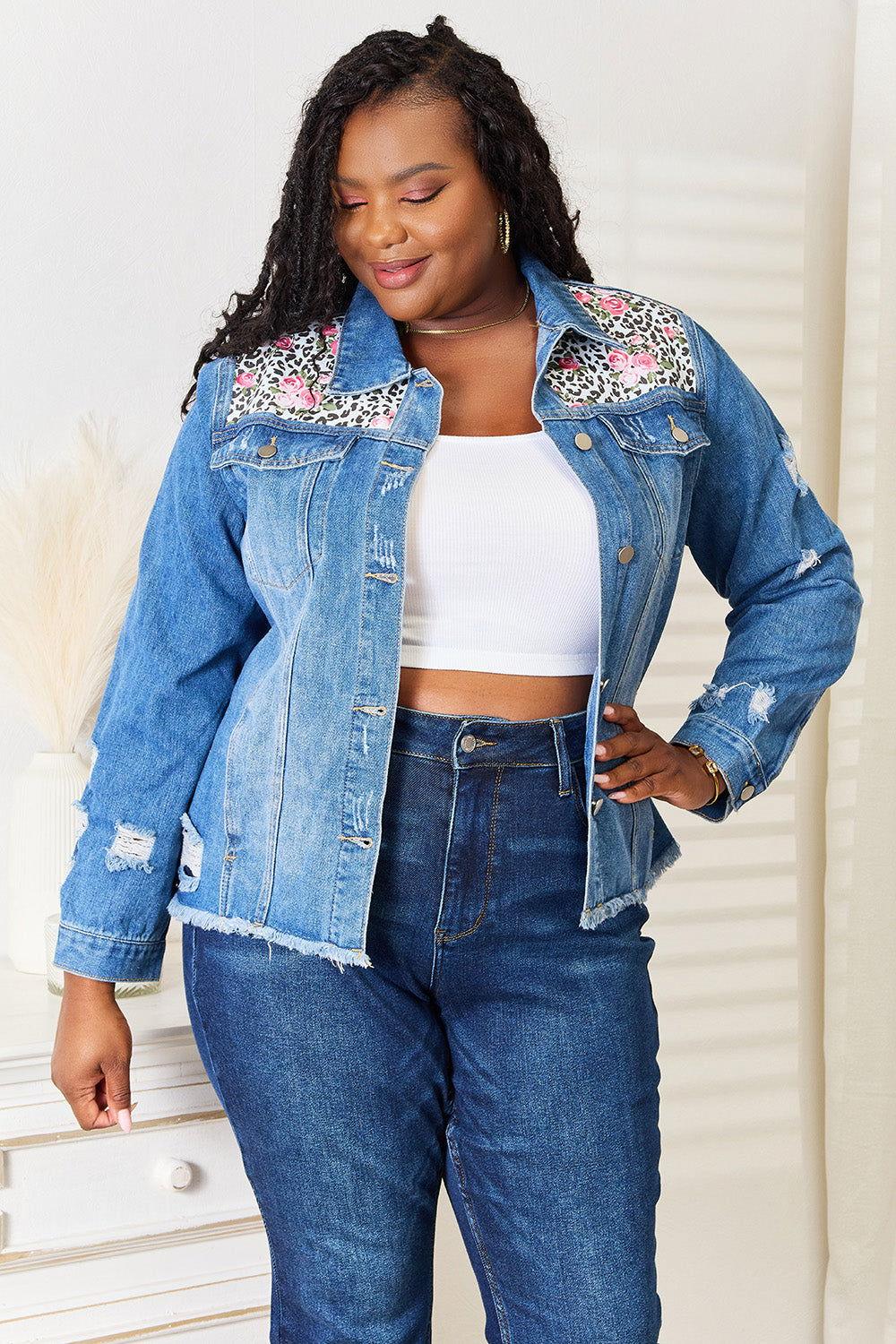 Baeful Leopard Floral Distressed Raw Hem Denim Jacket - Clothes For Her Online Store