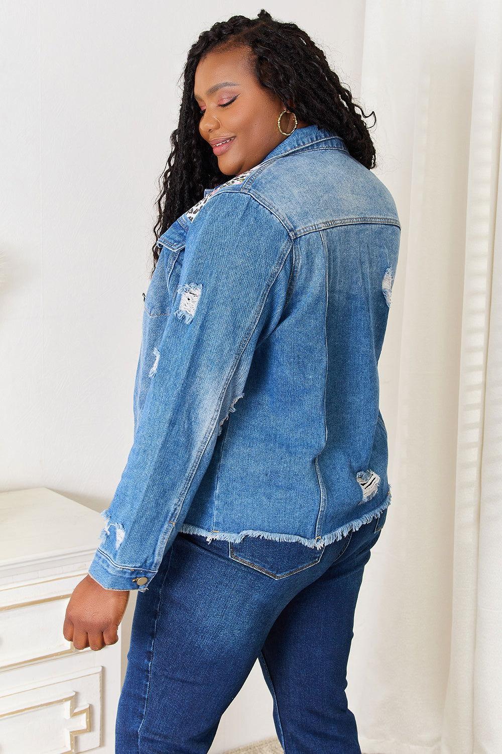 Baeful Leopard Floral Distressed Raw Hem Denim Jacket - Clothes For Her Online Store
