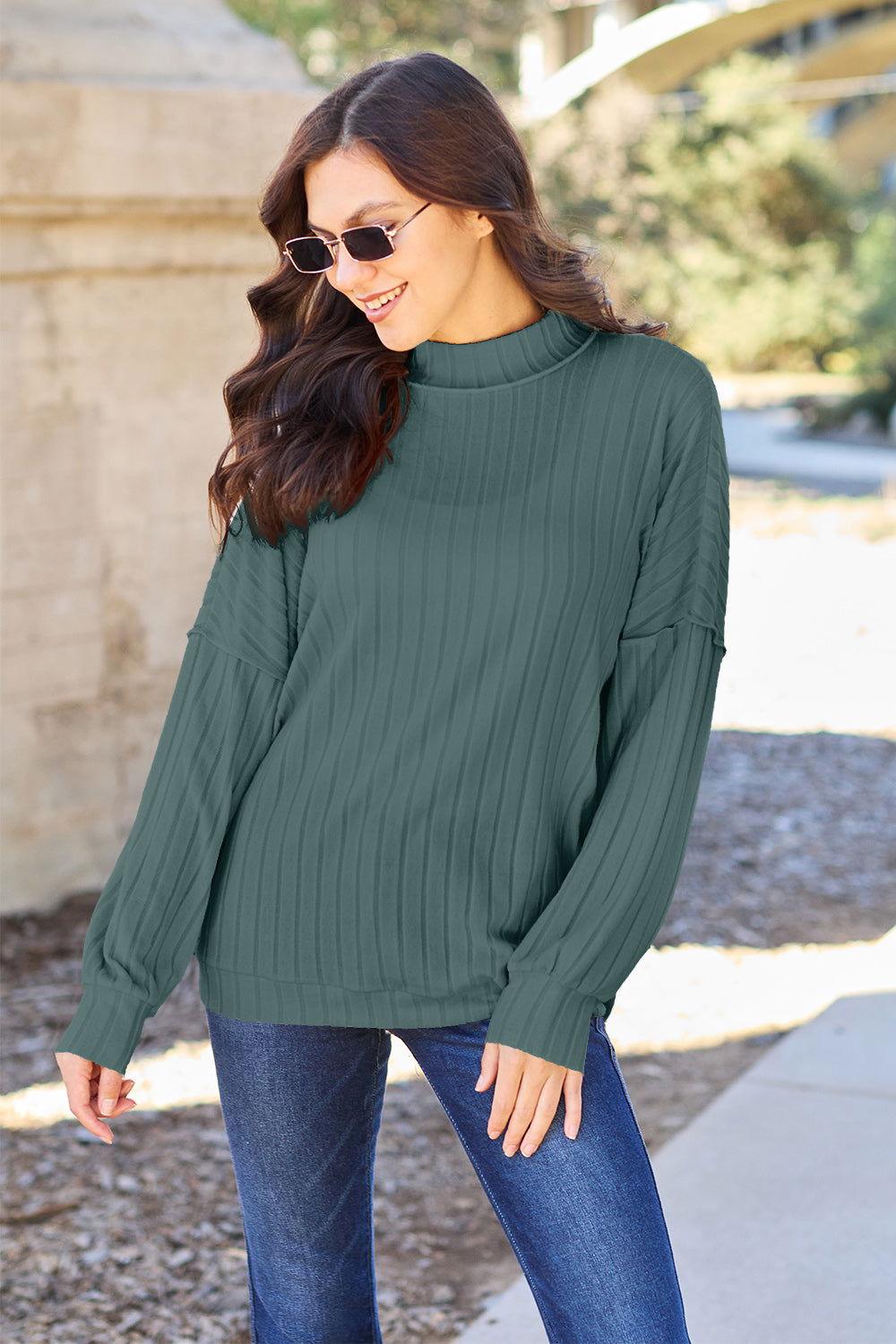 Basic Bae Full Size Ribbed Exposed Seam Mock Neck Knit Top - Clothes For Her Online Store
