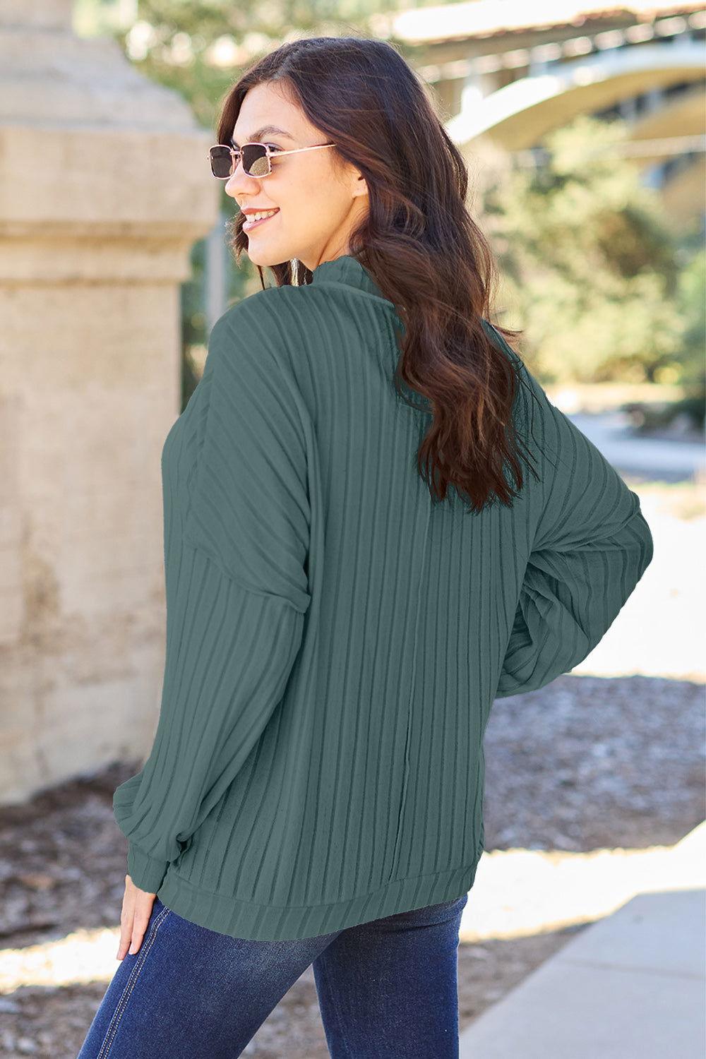 Basic Bae Full Size Ribbed Exposed Seam Mock Neck Knit Top - Clothes For Her Online Store