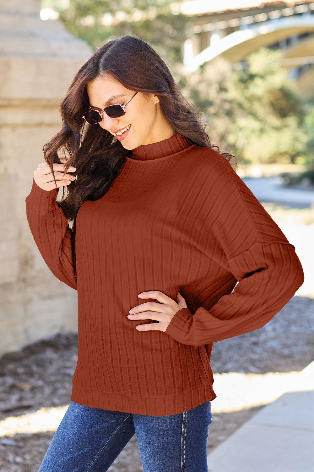 Basic Bae Full Size Ribbed Exposed Seam Mock Neck Knit Top - Clothes For Her Online Store