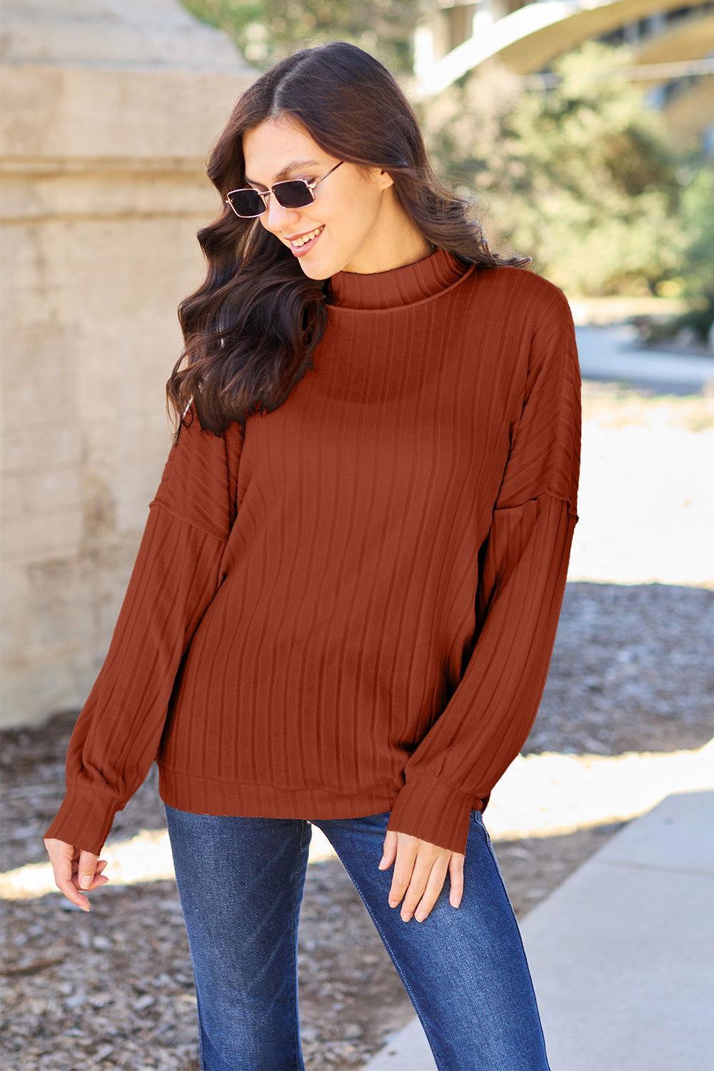 Basic Bae Full Size Ribbed Exposed Seam Mock Neck Knit Top - Clothes For Her Online Store