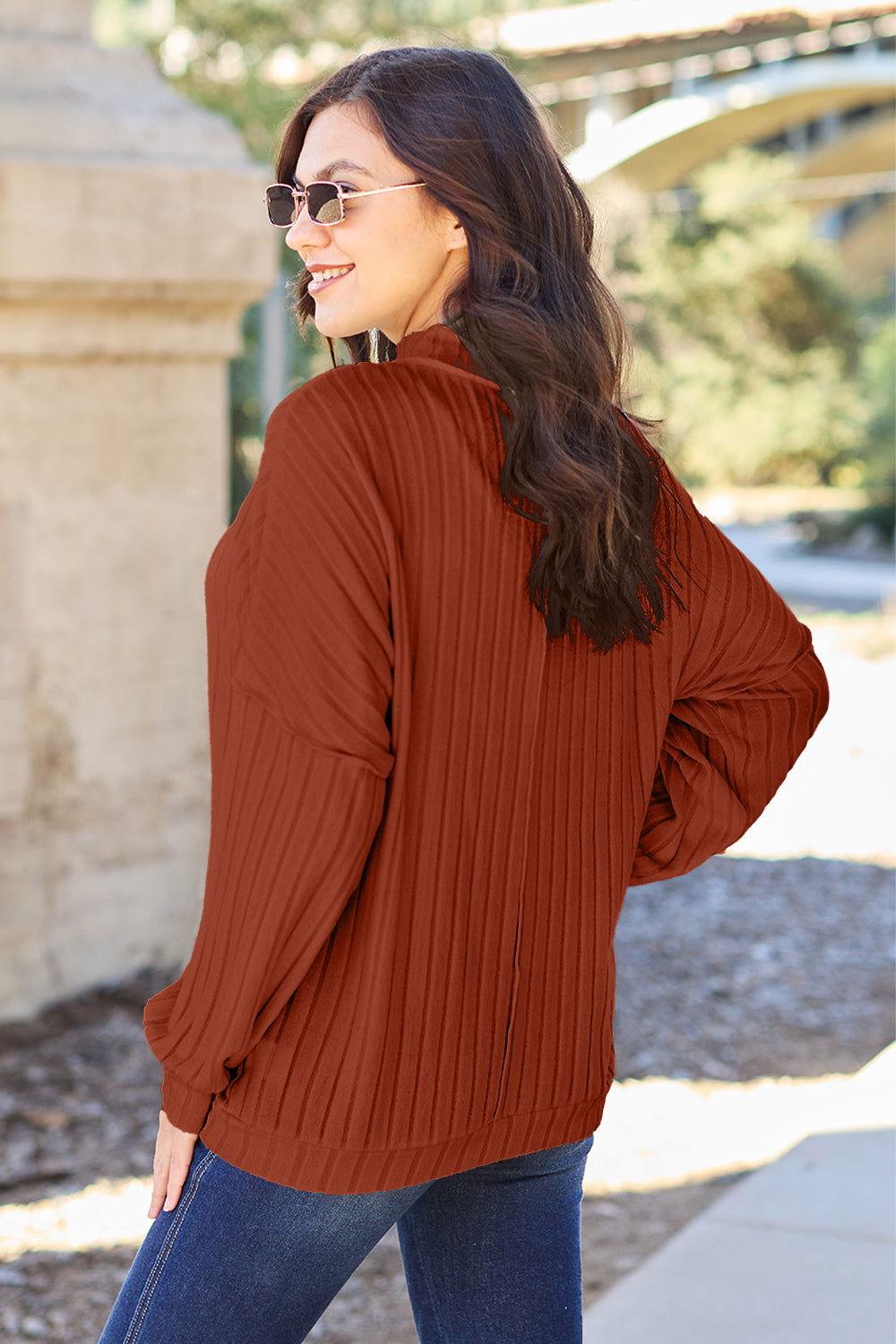 Basic Bae Full Size Ribbed Exposed Seam Mock Neck Knit Top - Clothes For Her Online Store