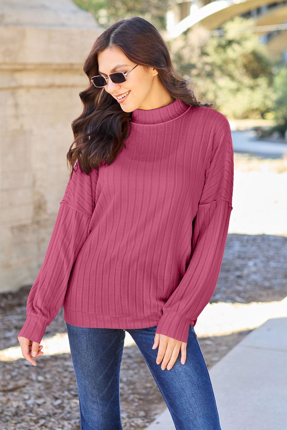 Basic Bae Full Size Ribbed Exposed Seam Mock Neck Knit Top - Clothes For Her Online Store