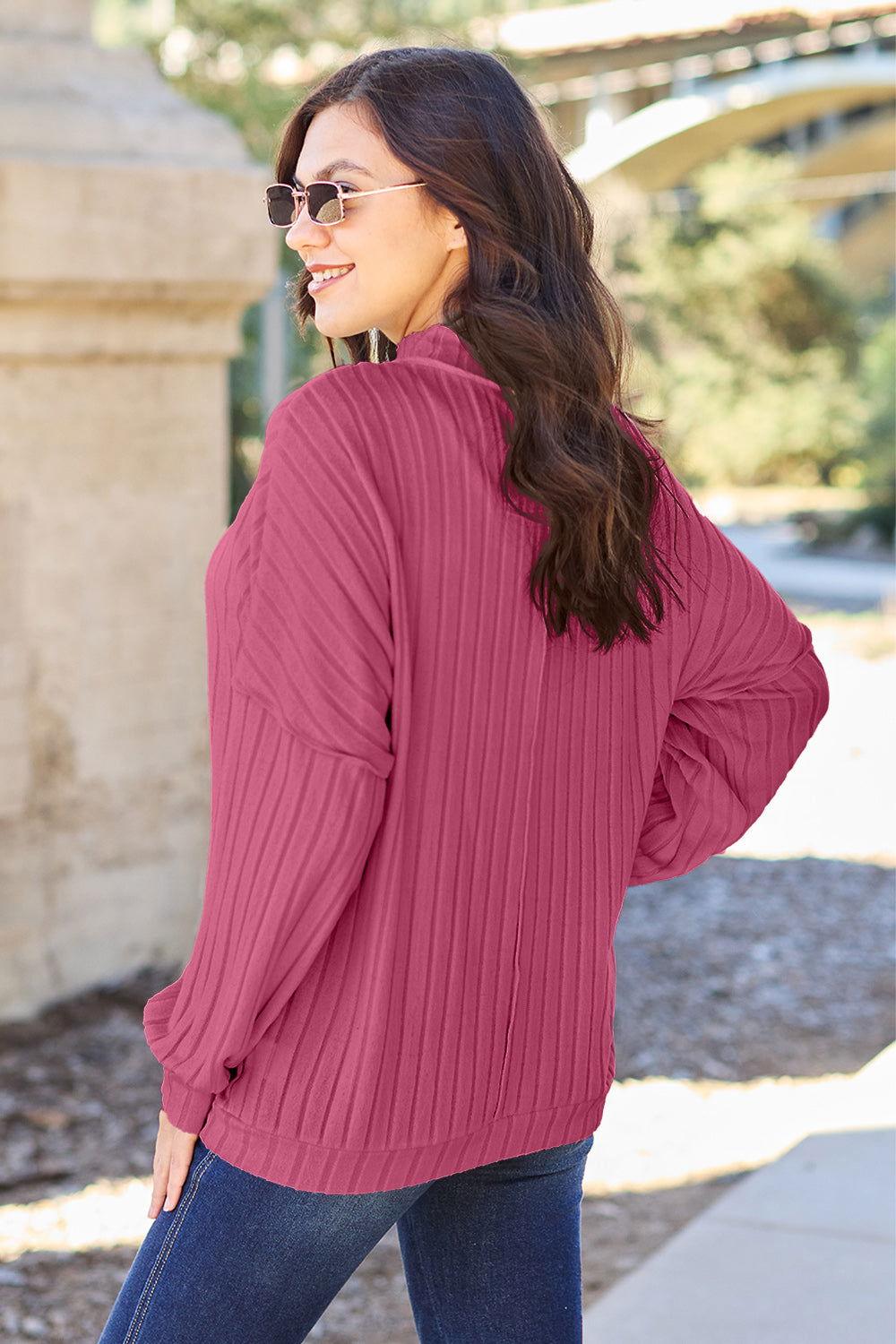 Basic Bae Full Size Ribbed Exposed Seam Mock Neck Knit Top - Clothes For Her Online Store