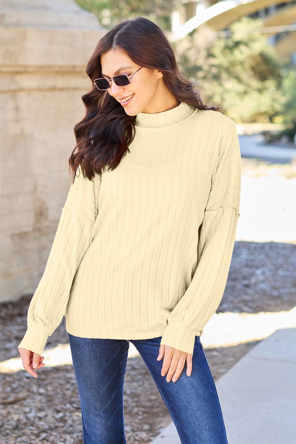 Basic Bae Full Size Ribbed Exposed Seam Mock Neck Knit Top - Clothes For Her Online Store