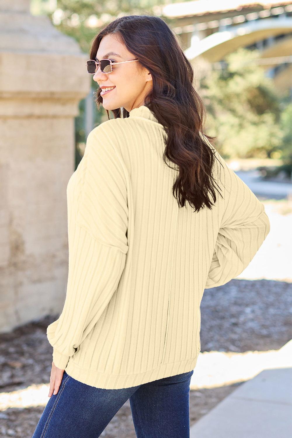 Basic Bae Full Size Ribbed Exposed Seam Mock Neck Knit Top - Clothes For Her Online Store