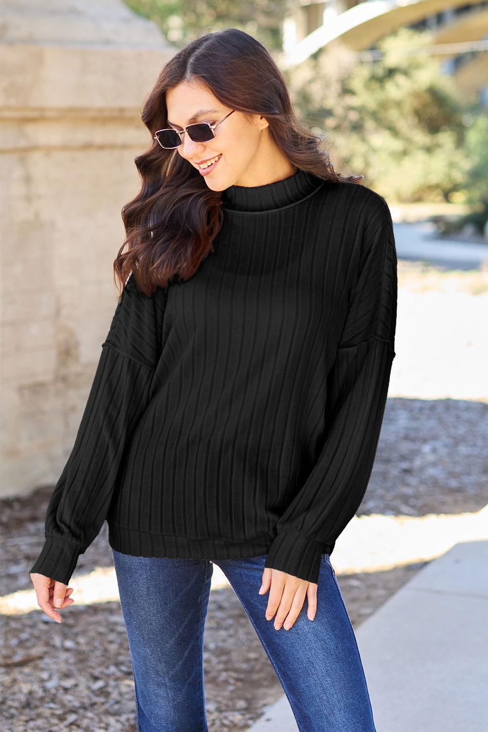 Basic Bae Full Size Ribbed Exposed Seam Mock Neck Knit Top - Clothes For Her Online Store