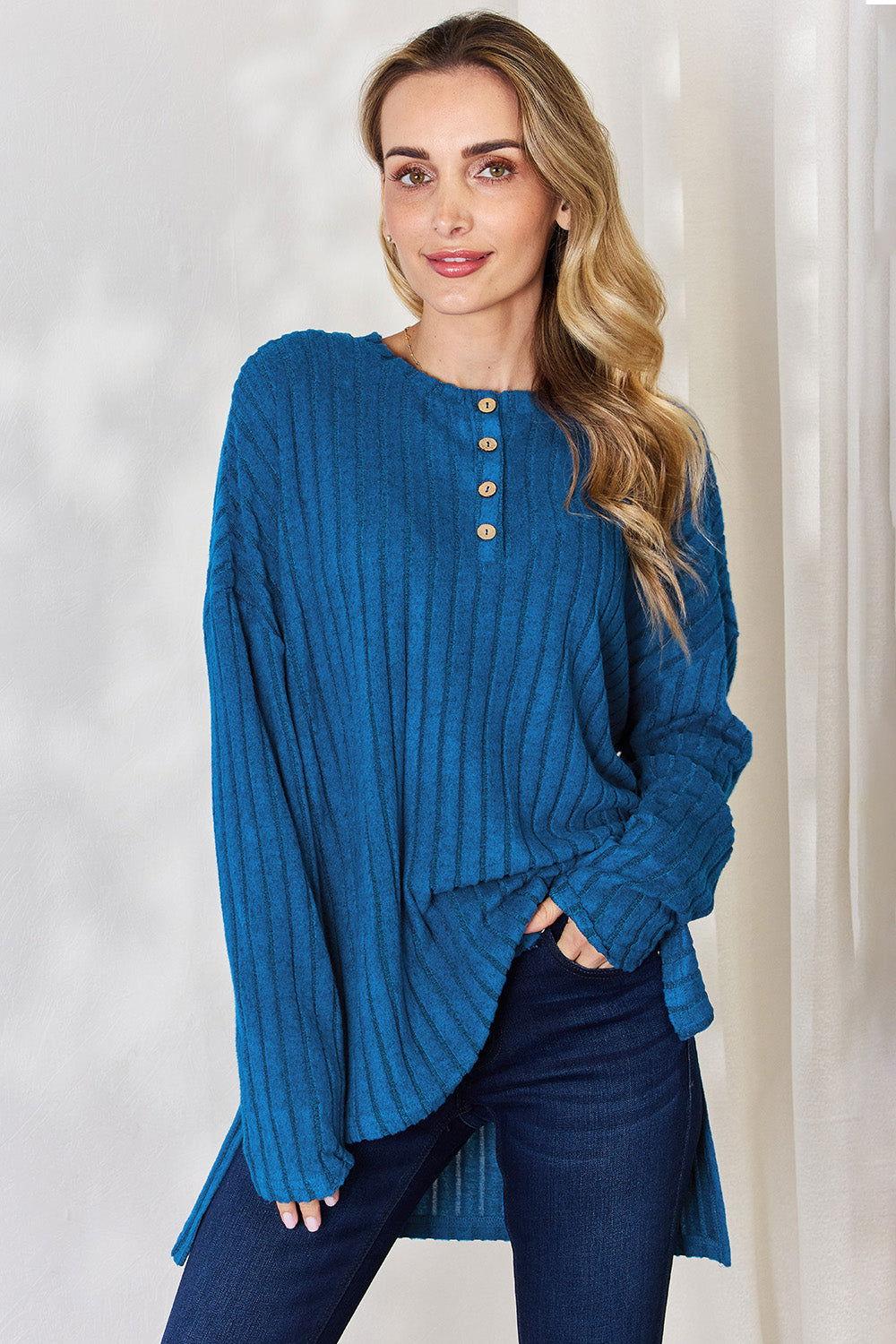 Basic Bae Full Size Ribbed Half Button Long Sleeve High-Low T-Shirt - Clothes For Her Online Store