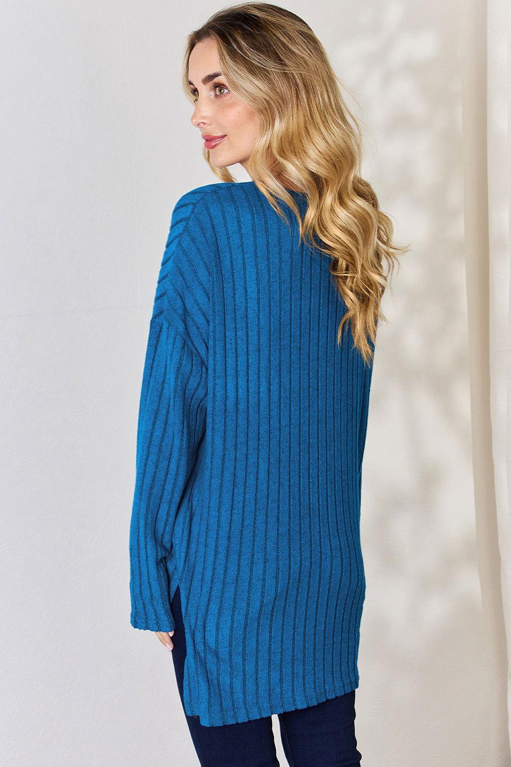 Basic Bae Full Size Ribbed Half Button Long Sleeve High-Low T-Shirt - Clothes For Her Online Store