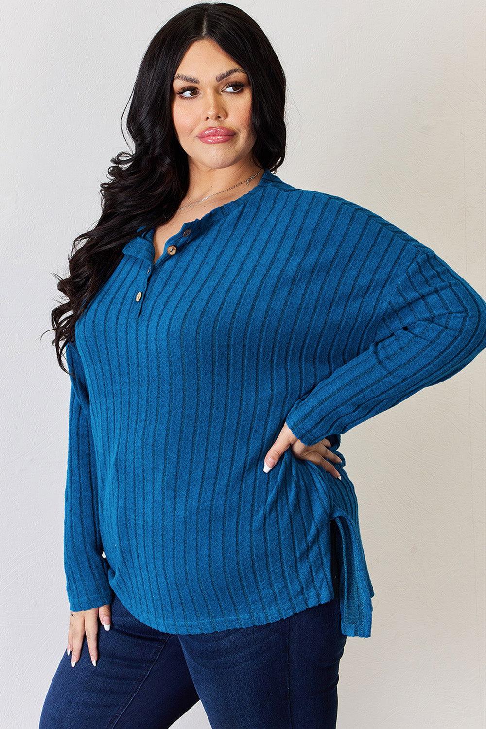 Basic Bae Full Size Ribbed Half Button Long Sleeve High-Low T-Shirt - Clothes For Her Online Store