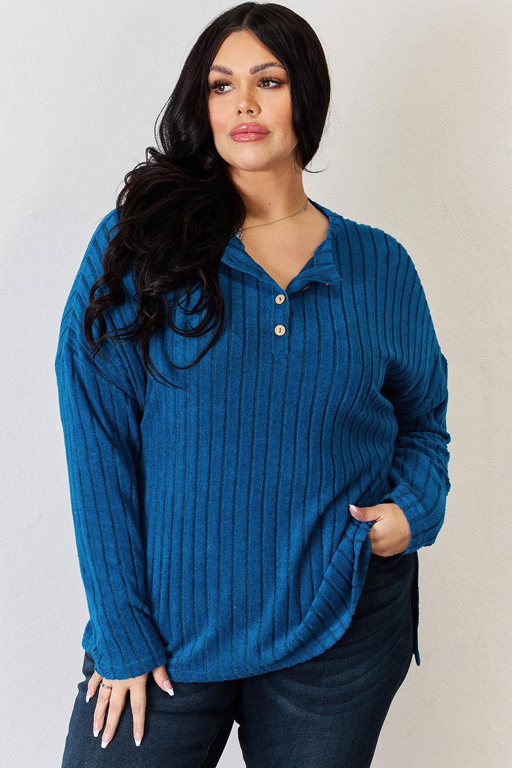 Basic Bae Full Size Ribbed Half Button Long Sleeve High-Low T-Shirt - Clothes For Her Online Store