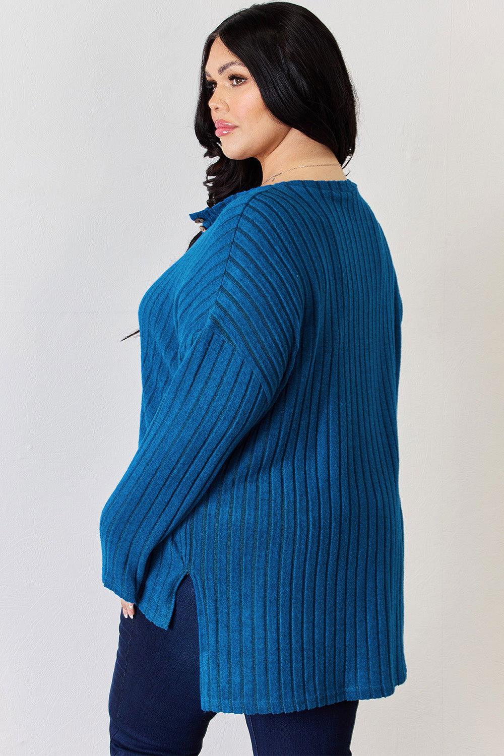 Basic Bae Full Size Ribbed Half Button Long Sleeve High-Low T-Shirt - Clothes For Her Online Store