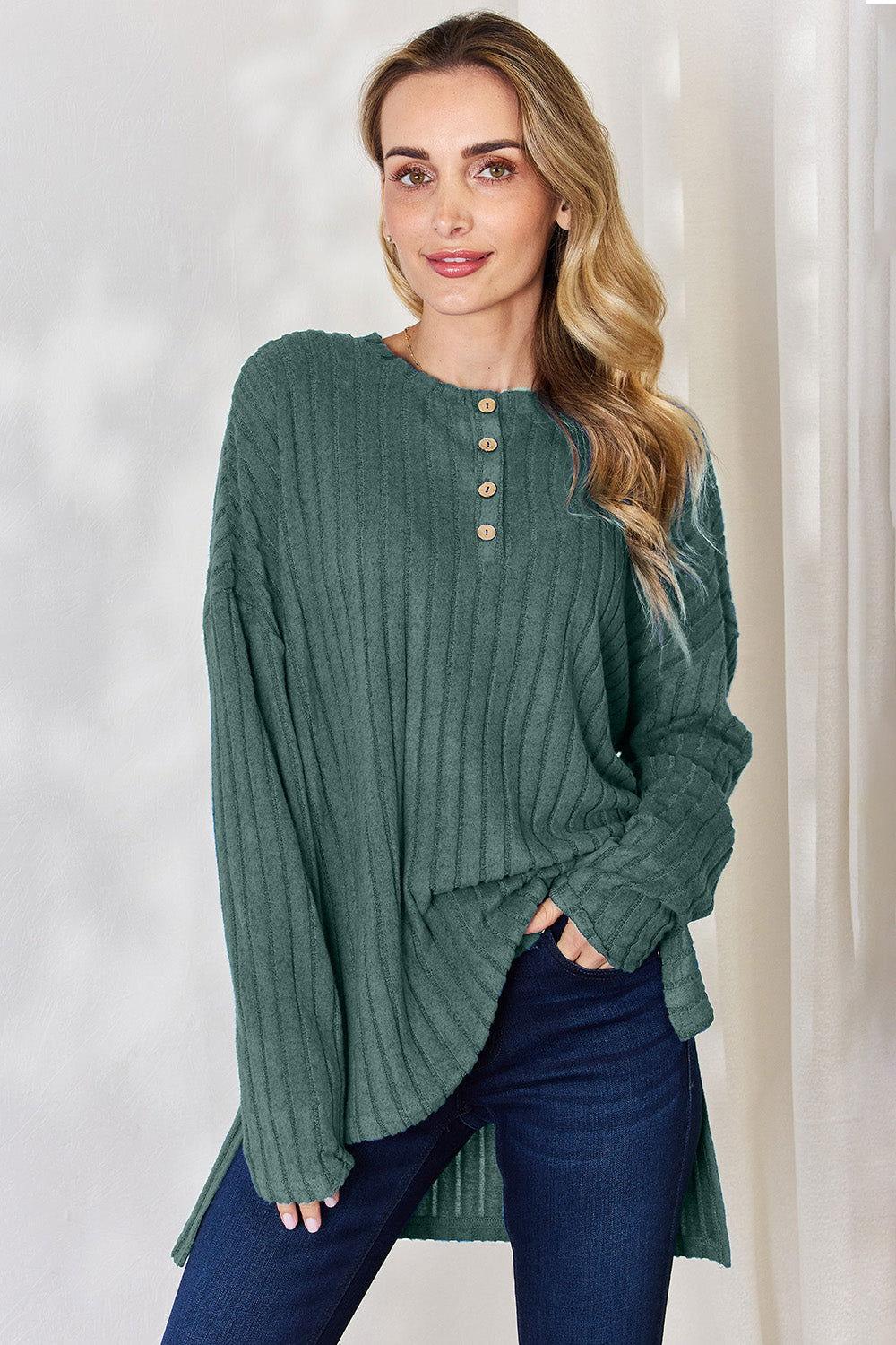 Basic Bae Full Size Ribbed Half Button Long Sleeve High-Low T-Shirt - Clothes For Her Online Store