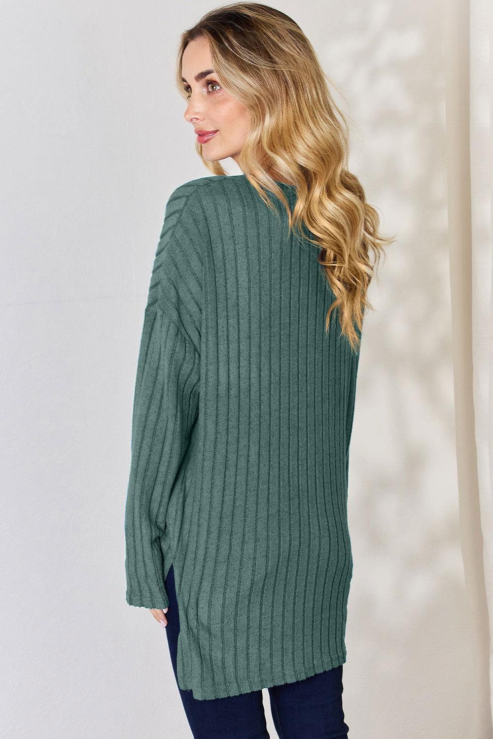 Basic Bae Full Size Ribbed Half Button Long Sleeve High-Low T-Shirt - Clothes For Her Online Store