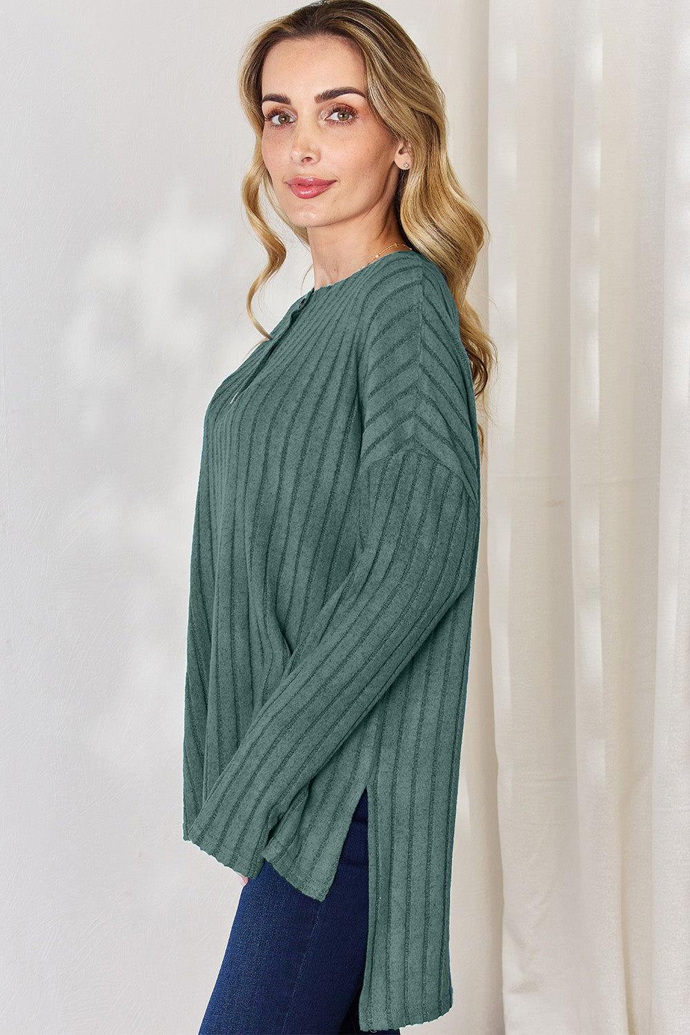 Basic Bae Full Size Ribbed Half Button Long Sleeve High-Low T-Shirt - Clothes For Her Online Store