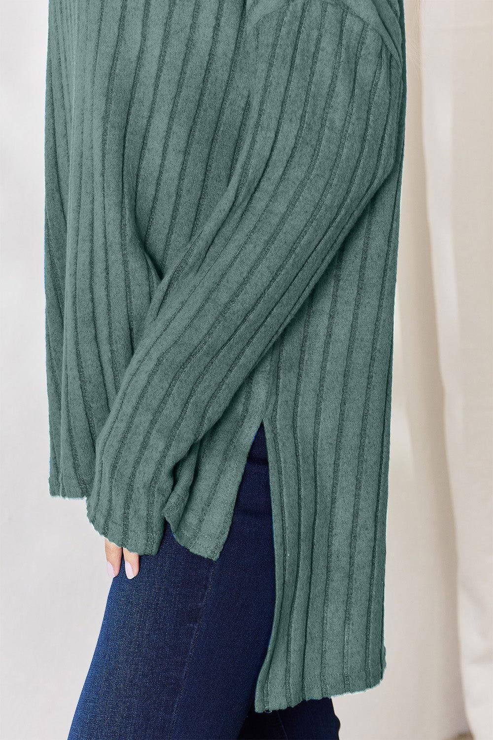 Basic Bae Full Size Ribbed Half Button Long Sleeve High-Low T-Shirt - Clothes For Her Online Store