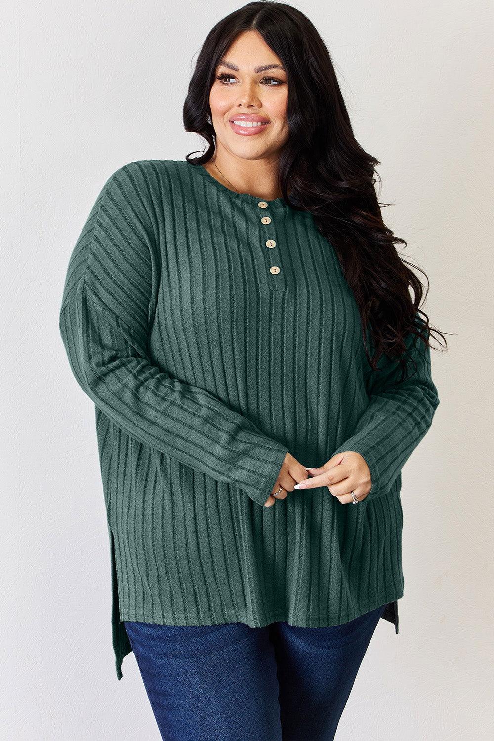 Basic Bae Full Size Ribbed Half Button Long Sleeve High-Low T-Shirt - Clothes For Her Online Store