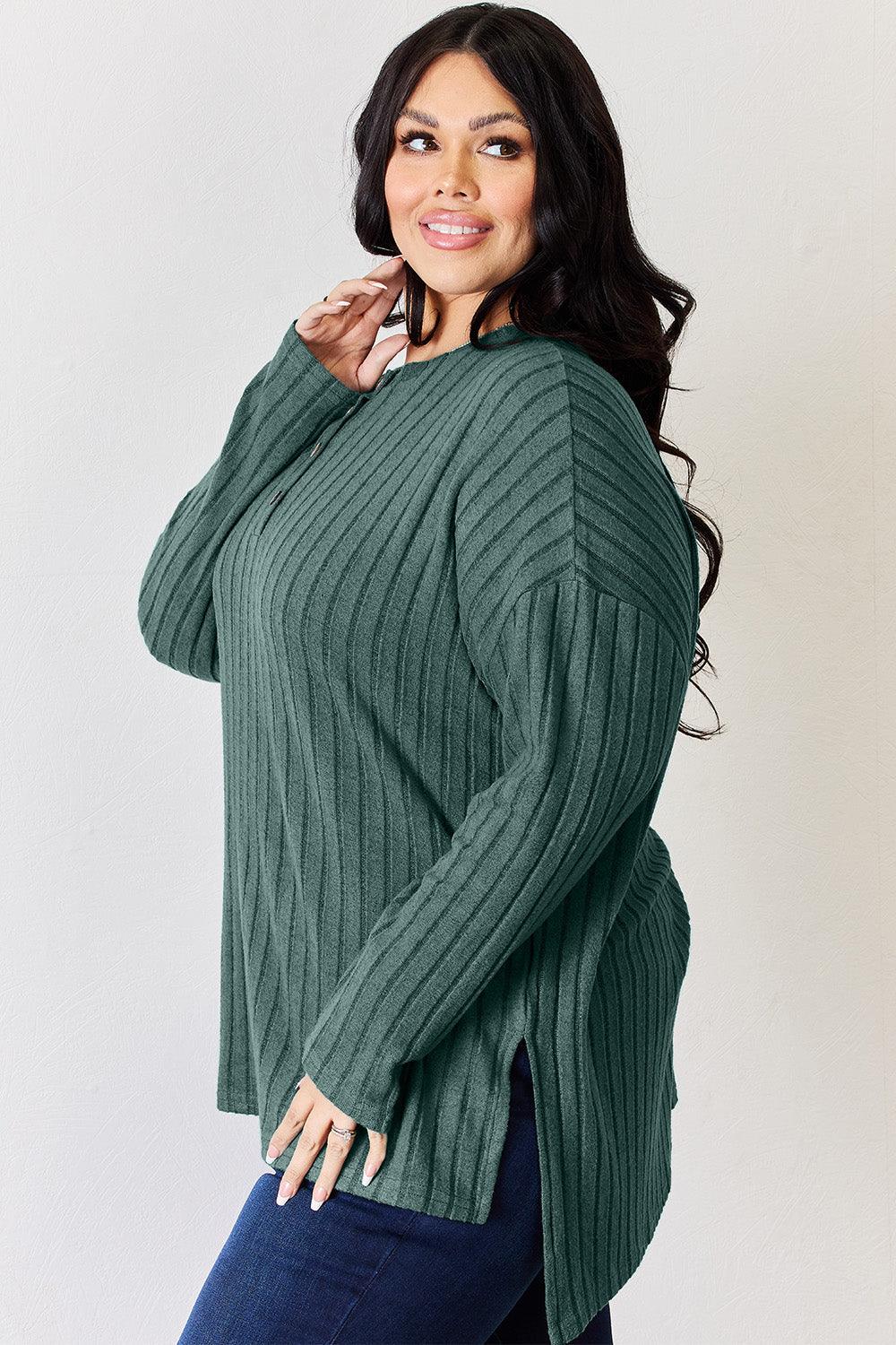 Basic Bae Full Size Ribbed Half Button Long Sleeve High-Low T-Shirt - Clothes For Her Online Store