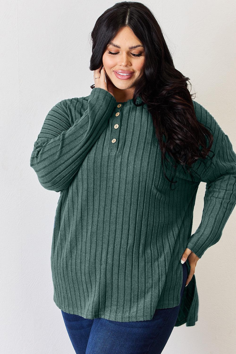 Basic Bae Full Size Ribbed Half Button Long Sleeve High-Low T-Shirt - Clothes For Her Online Store