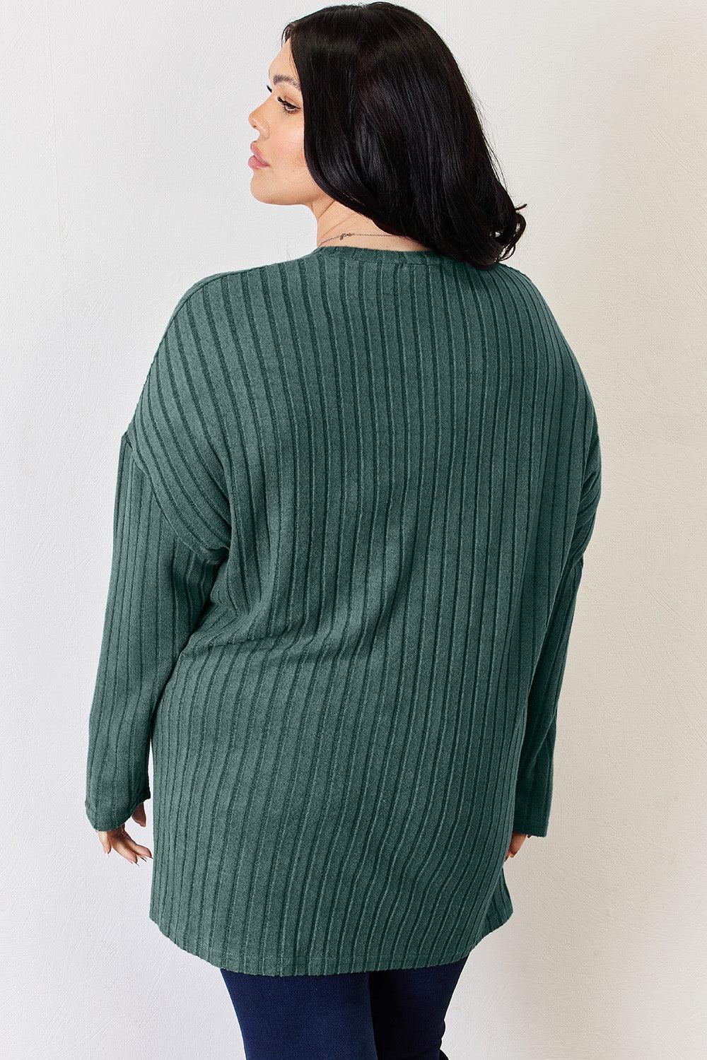 Basic Bae Full Size Ribbed Half Button Long Sleeve High-Low T-Shirt - Clothes For Her Online Store