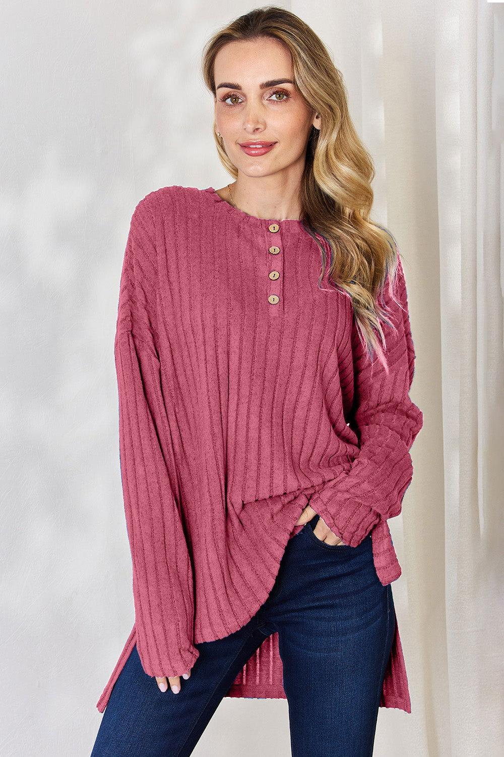Basic Bae Full Size Ribbed Half Button Long Sleeve High-Low T-Shirt - Clothes For Her Online Store