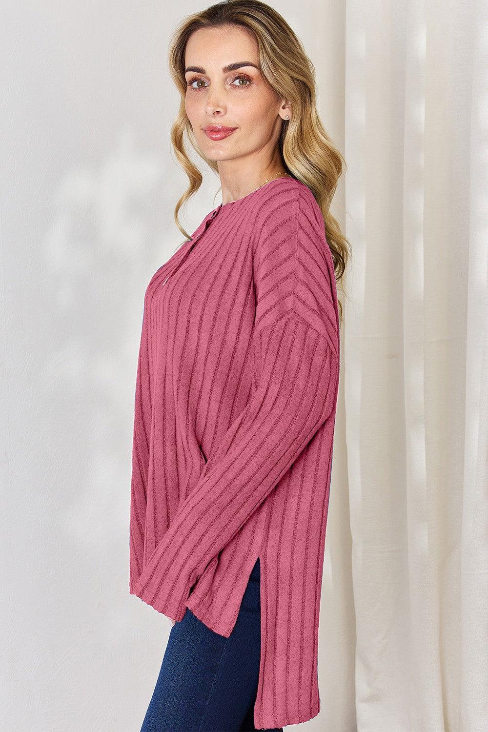 Basic Bae Full Size Ribbed Half Button Long Sleeve High-Low T-Shirt - Clothes For Her Online Store