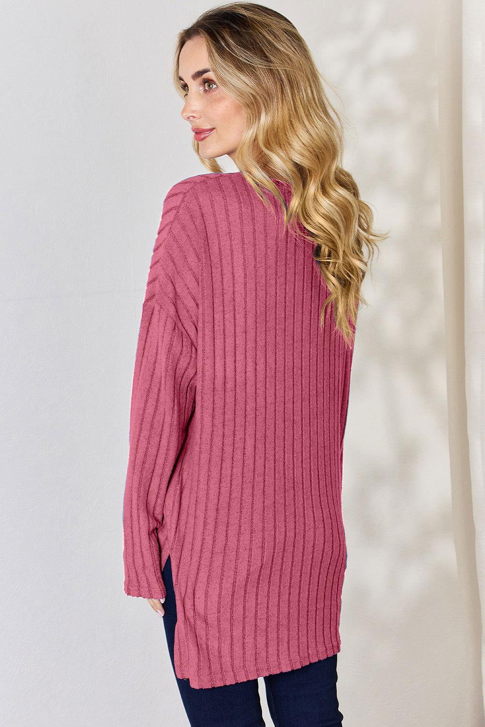 Basic Bae Full Size Ribbed Half Button Long Sleeve High-Low T-Shirt - Clothes For Her Online Store