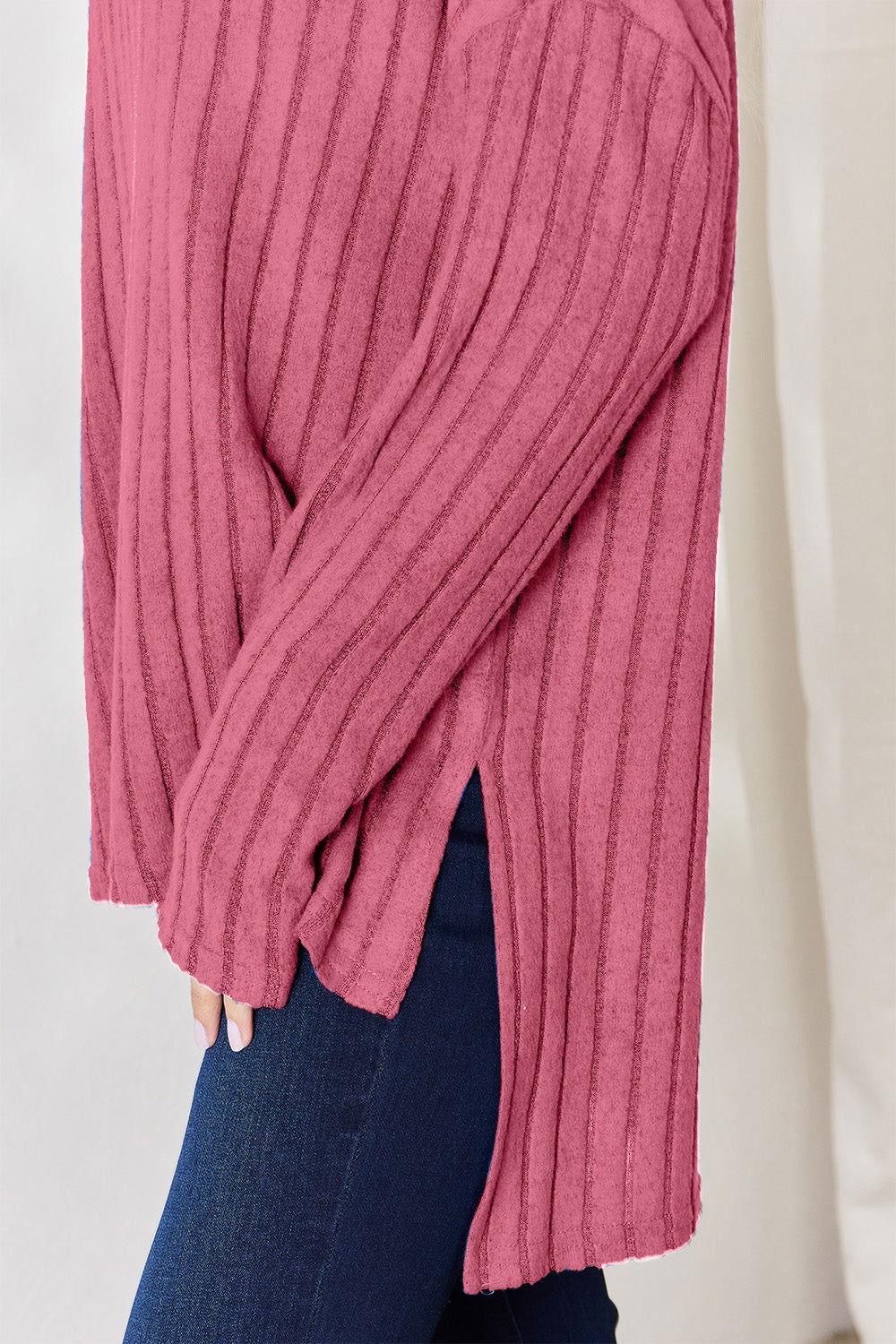 Basic Bae Full Size Ribbed Half Button Long Sleeve High-Low T-Shirt - Clothes For Her Online Store