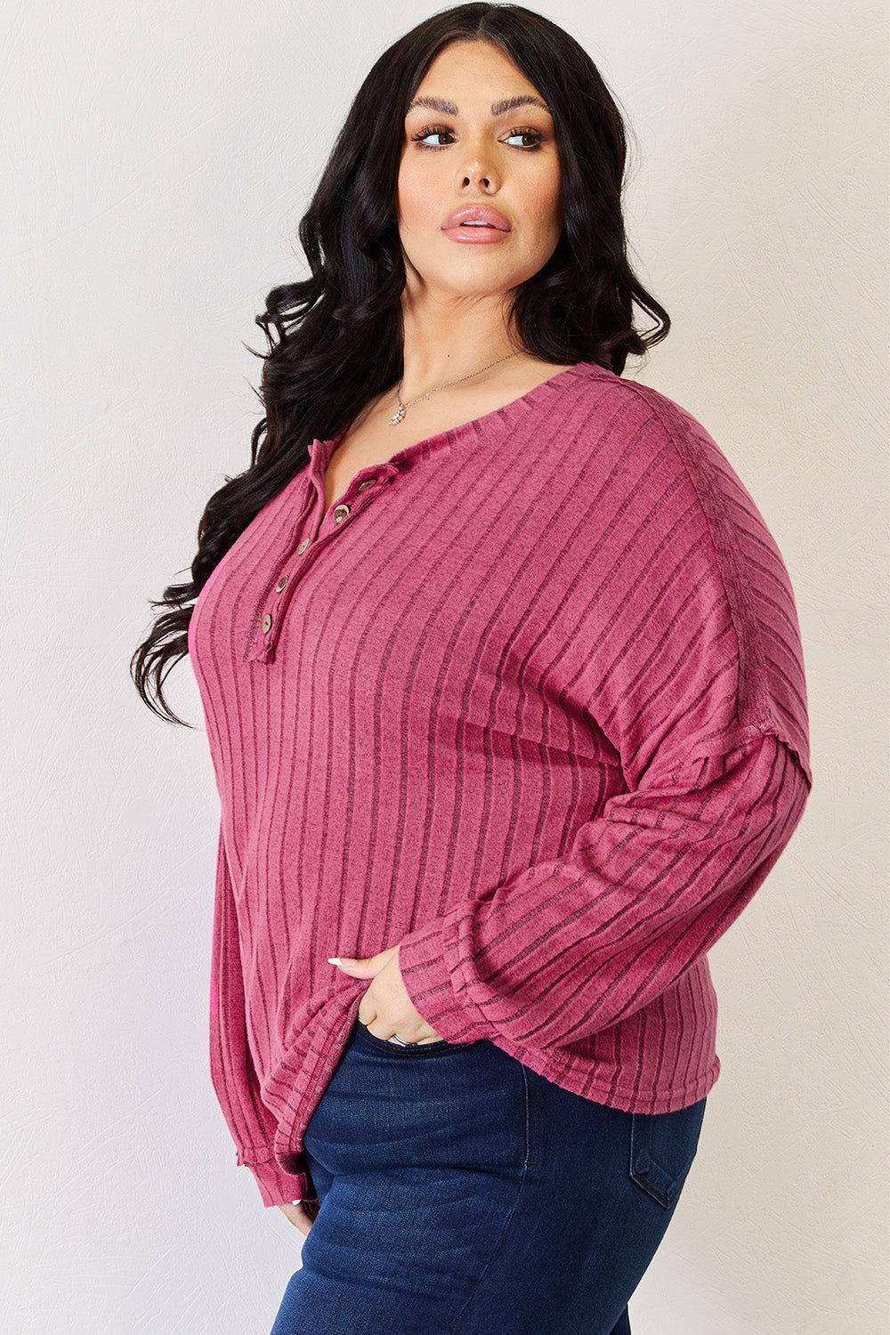 Basic Bae Full Size Ribbed Half Button Long Sleeve High-Low T-Shirt - Clothes For Her Online Store