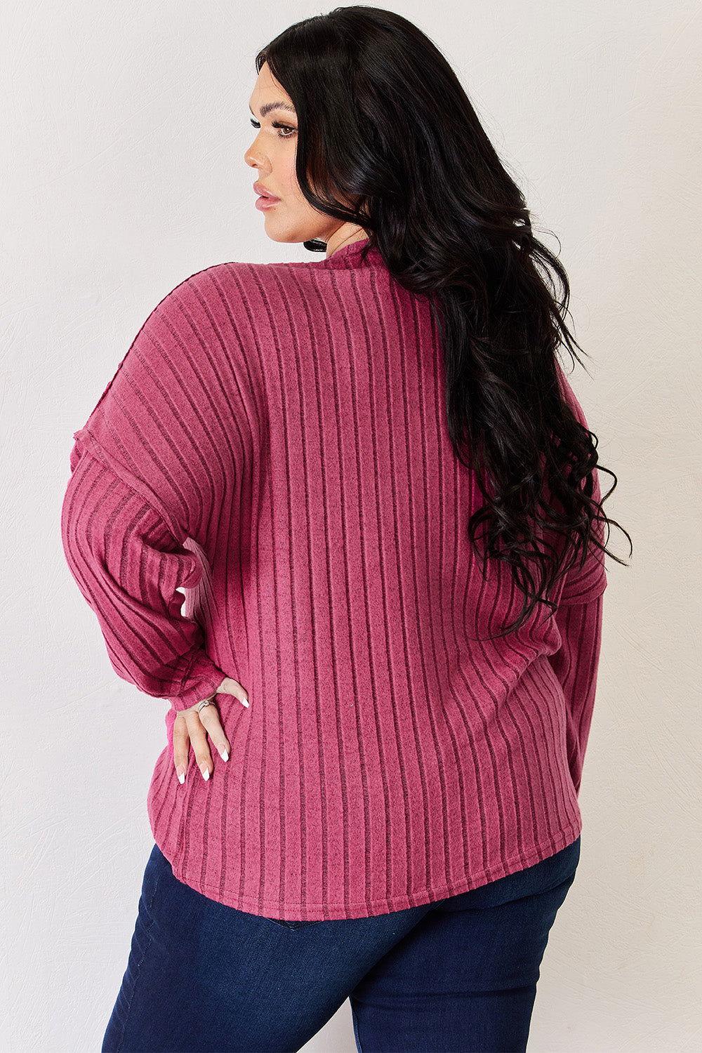Basic Bae Full Size Ribbed Half Button Long Sleeve High-Low T-Shirt - Clothes For Her Online Store