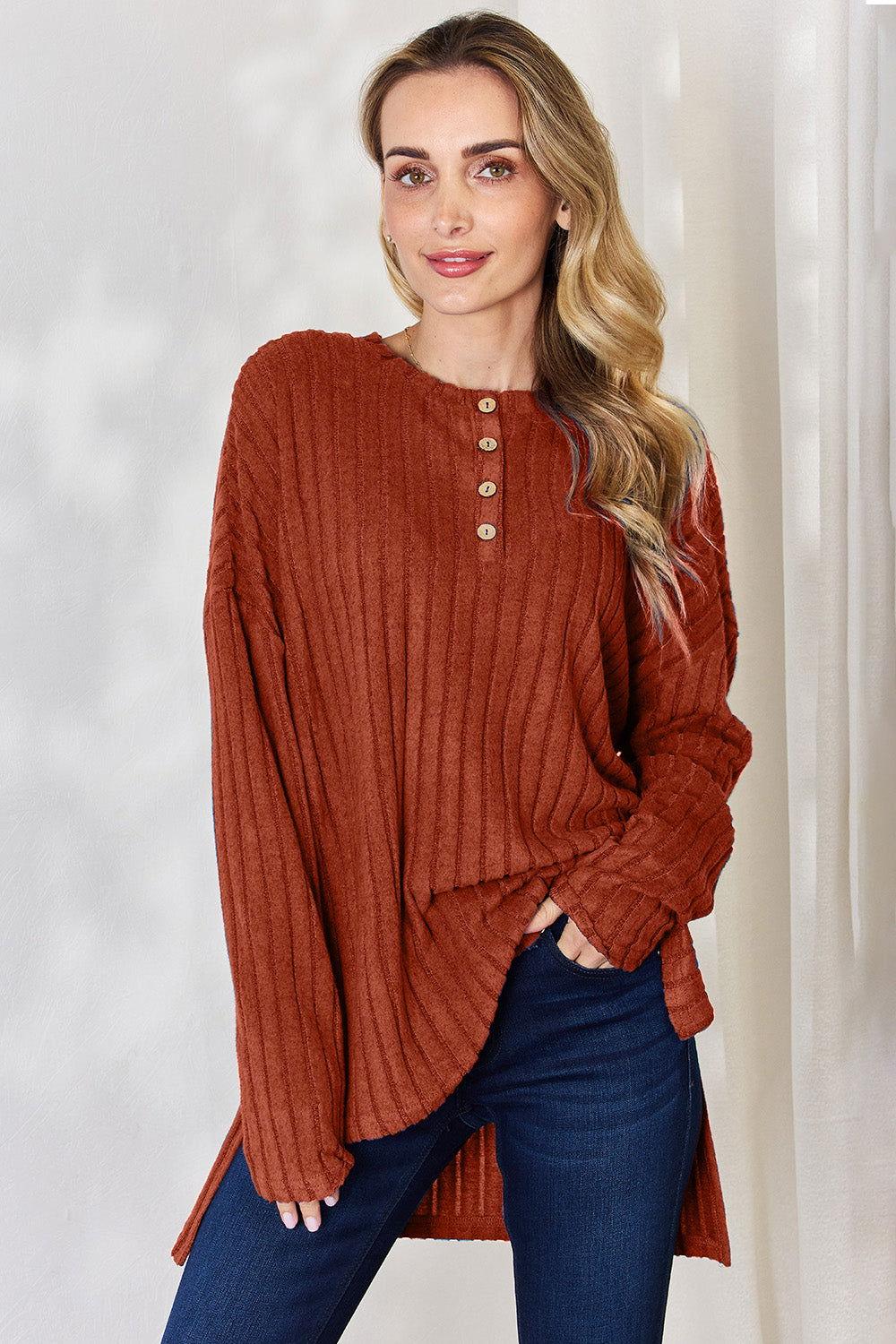 Basic Bae Full Size Ribbed Half Button Long Sleeve High-Low T-Shirt - Clothes For Her Online Store